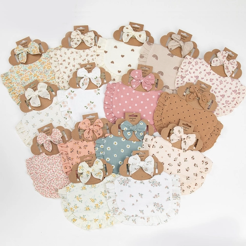 Infant Cotton Muslin Bib And Bow Headband Set Ruffle Edge Printed Floral Polka Dot Soft Absorbent Bib For Baby Toddler
