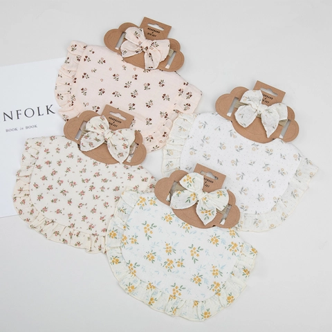 Infant Cotton Muslin Bib And Bow Headband Set Ruffle Edge Printed Floral Polka Dot Soft Absorbent Bib For Baby Toddler