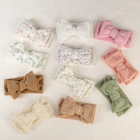 Fascia per Capelli per Neonati Con Fiocco in Tessuto Crepe Elastico Morbido Stampa Floreale Colore Solido Accessorio