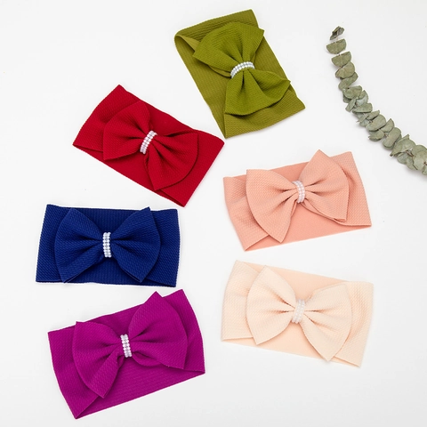 Baby Girls Bow Headband Fabric Waffle Texture Artificial Pearl Elastic Hair Band Vintage Sweet Soft Toddler Hair Accessories
