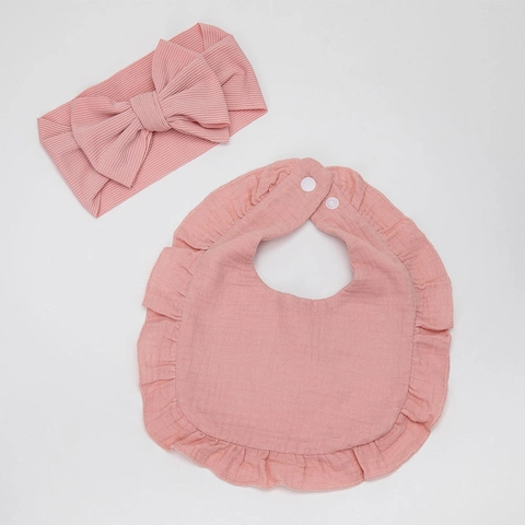 Baby Cotton Ruffle Bib And Bow Headband Newborn Toddler Infant Solid Color Breathable Muslin Pastoral Style Daily Accessories