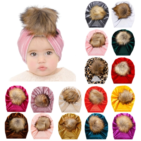 Baby Velvet Turban Hat With Faux Fur Pom-Pom Soft Warm Winter Beanie For Infants Toddlers Kids Elastic Headwrap Jewelry