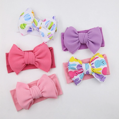 Baby Pasen Konijn Bedrukt Hoofdband Grote Strik Elastische Nylon Haarband Wafeltextuur Haaraccessoires Voor Peuters