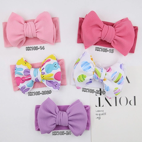 Baby Pasen Konijn Bedrukt Hoofdband Grote Strik Elastische Nylon Haarband Wafeltextuur Haaraccessoires Voor Peuters