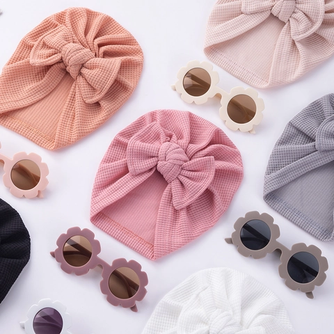 Baby Waffelstrick Turban Mütze Mit Großer Schleife Und Sonnenblumen Sonnenbrillen Set Kleinkind Sonnenschutz Modisches Zubehör