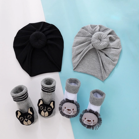Baby Pure Cotton Turban Hat And Cartoon 3D Doll Non-slip Socks Combination For Infants Toddlers Soft Knot Beanie Daily Wear