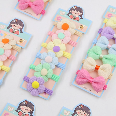 Kids Macaron Colors 3D Flower Bow Elastic Hair Ties For Girls Handmade Soft Fabric Ponytail Holders Cute Hair Accessories