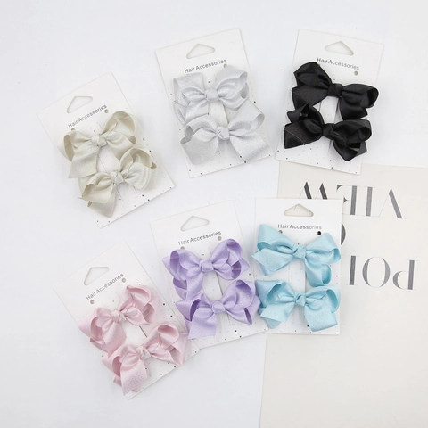 Handmade Kids Satin Bow Hair Clips Solid Color Double Layer Ribbon Duckbill Clips Sweet Princess Hair Accessories For Girls