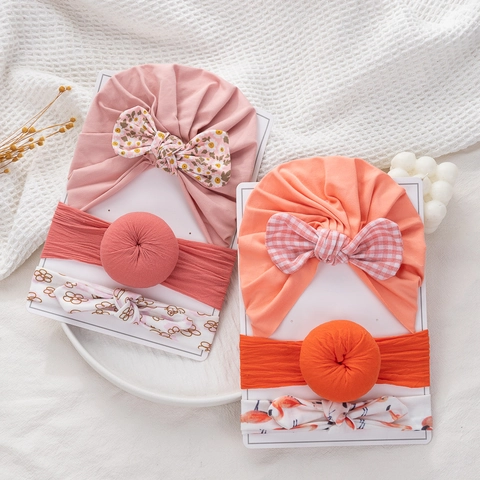 Set de 3 Piezas de Gorro de Turbante y Diadema para Bebé Lazo Estampado Nudo de Dona Suave Algodón Elástico Nailon Tocado para Recién Nacidos Niñas Pequeñas Accesorios para el Cabello