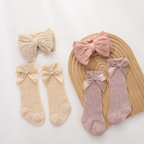 Set Diadema Calcetines Bebé Lazo Grande Hueco Malla Calcetines Algodón Nailon Para Infantes Recién Nacidos Accesorios Foto