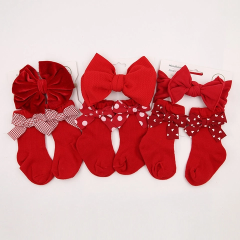 Cotton Baby Red Bow Headband And Socks Set For Christmas Newborn Full Moon 100 Days Photoshoot Accessories For Infants