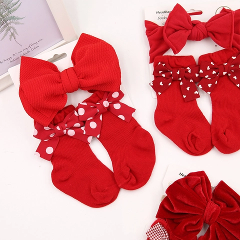 Cotton Baby Red Bow Headband And Socks Set For Christmas Newborn Full Moon 100 Days Photoshoot Accessories For Infants