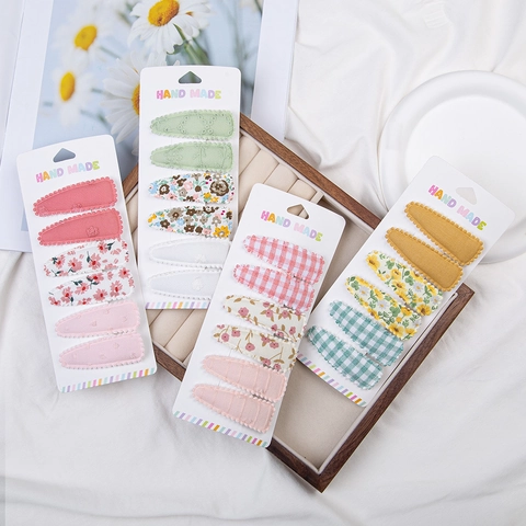 Handmade Cotton Fabric Floral Plaid Polka Dot BB Hair Clips Embroidered Water Drop Hairpins For Kids Girls Toddlers