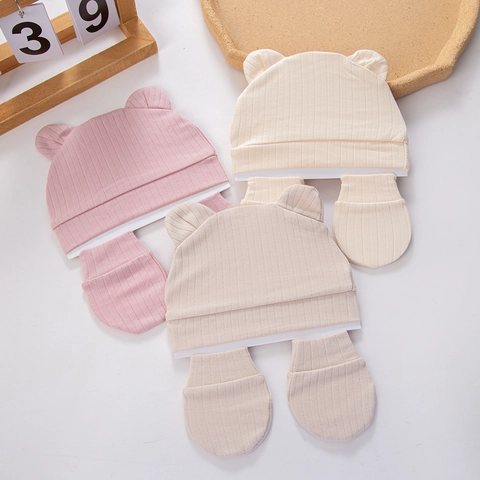 Conjunto de Gorro Y Mitones para Bebé Recién Nacido de Algodón Orgánico Orejas de Oso Punto de Canalé Accesorios de Protección