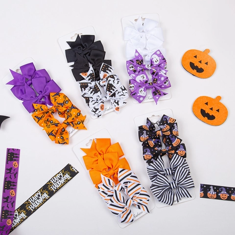 Kids Halloween Hair Bows Grosgrain Ribbon Pumpkin Ghost Bat Hair Clips For Girls Party Dress Up Festive Accessories