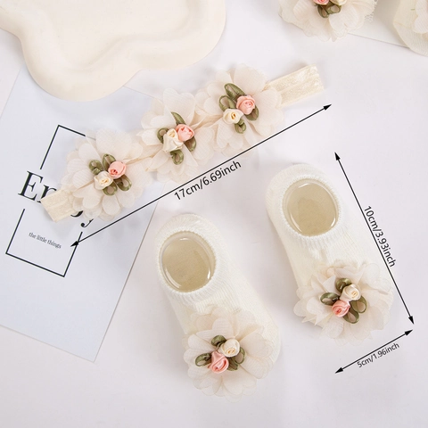 Conjunto De Diadema Y Calcetines Para Bebé Niña Gasa Flor 3D Nylon Diadema Elástica Calcetines Antideslizantes Para Recién Nacidos