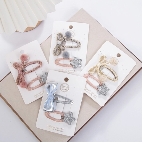 Ensemble de Pinces à Cheveux pour Enfants Fait Main Nœud Tissé Étoile Pompons Paillettes BB Clips pour Filles Accessoires Cheveux