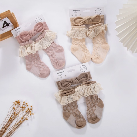Baby Meisjes Hoofdband En Sokken Set Vintage Katoen Kant Strik Zuigeling Ademend Gebreide Sokken Haaraccessoires Cadeau