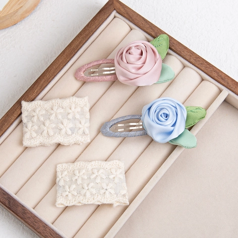 Handmade Fabric Flower Hair Clip Kids Vintage Lace Embroidery Rose BB Clip Cute 3D Floral Hairpins For Girls Accessories