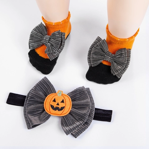 Fascia E Calzini Per Neonati Per Halloween Fiocco Zucca Arancione Nero Righe Accessori Capelli Per Festa Bambini