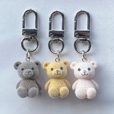 Cute Flocked Resin Bear Keychain For Women Girls Cartoon Small Animal Bag Charm With Metal Clasp Key Ring Accessories