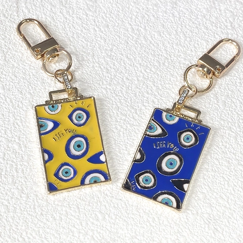 Vintage Geometric Square Alloy Evil Eye Keychain For Women Men Enamel Eyes Pendant Rhinestone Inlaid Bag Hanging Ornament