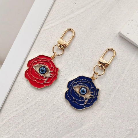 Vintage Französische Rose Blume Böser Blick Schlüsselanhänger Emaille Legierung Blaues Auge Anhänger Mit Strass Für Damen Taschenanhänger