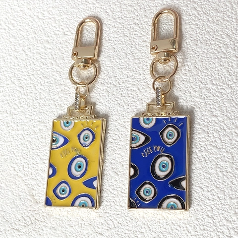 Vintage Geometric Square Alloy Evil Eye Keychain For Women Men Enamel Eyes Pendant Rhinestone Inlaid Bag Hanging Ornament