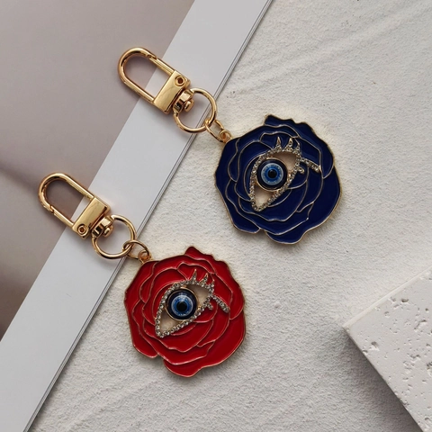 Vintage Französische Rose Blume Böser Blick Schlüsselanhänger Emaille Legierung Blaues Auge Anhänger Mit Strass Für Damen Taschenanhänger