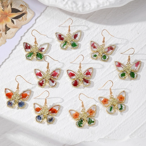 Orecchini Pendenti a Forma di Farfalla con Fiori Secchi e Fata dei Fiori in Resina e Lega Gioielli in Stile Naturale per Donna
