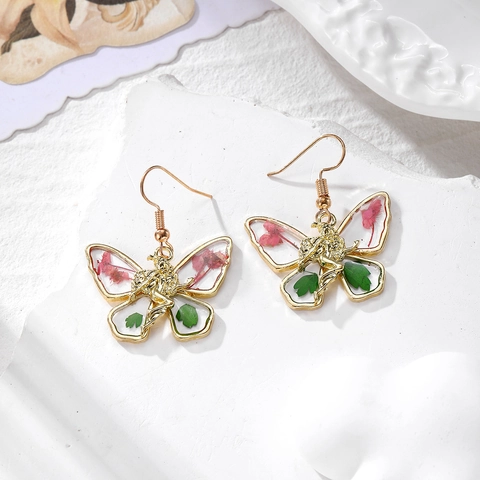 Orecchini Pendenti a Forma di Farfalla con Fiori Secchi e Fata dei Fiori in Resina e Lega Gioielli in Stile Naturale per Donna