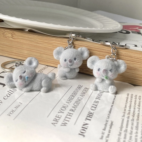 Cute Flocked Koala Keychain Bag Pendant Grey Resin Metal Keyring For Women Kids Gift Soft Animal Backpack Ornament Decor