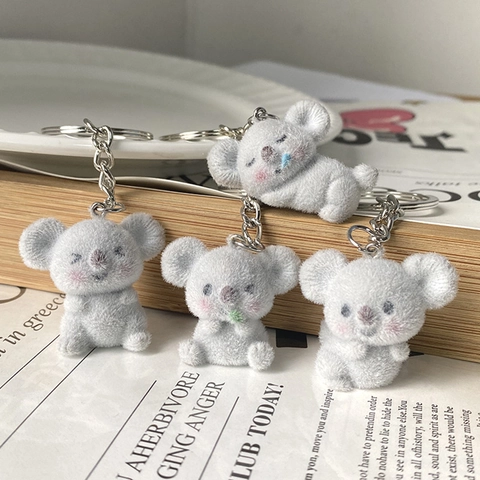 Cute Flocked Koala Keychain Bag Pendant Grey Resin Metal Keyring For Women Kids Gift Soft Animal Backpack Ornament Decor
