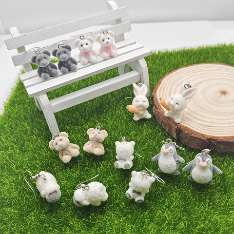 Cute Flocked Animal Drop Earrings For Women Cartoon Rabbit Bear Penguin Cat Sheep Fluffy Pendant Hook Earrings Jewelry