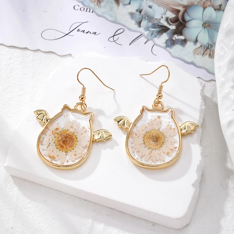 Halloween Original Dried Flower Resin Drop Earrings Gold Alloy Pumpkin Ghost Bat Cat Dangle Earrings For Women Jewelry