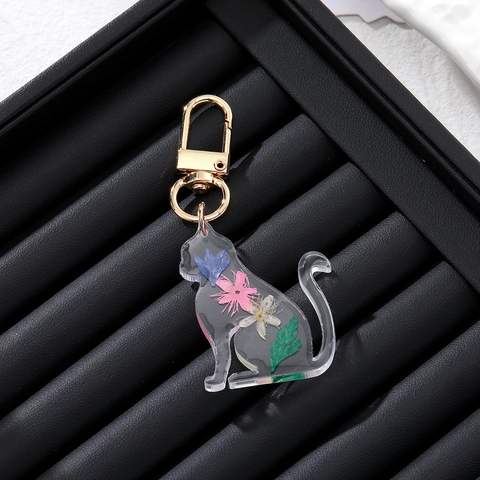 Katzenform Harz Trockenblumen Schlüsselanhänger Süßes Kätzchen Anhänger Gold Metall Hummerverschluss Damen Tasche Charme Schmuck