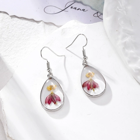 Handmade Natural Dried Flower Resin Earrings Alloy Water Drop Transparent Forest Style Dangle Hook Earrings For Women