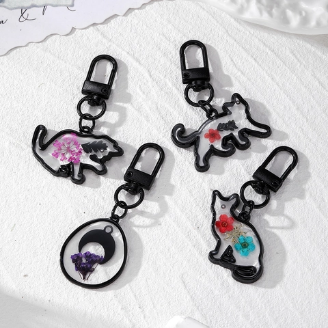 Portachiavi Gatto Luna in Resina Fatto a Mano Con Fiori Secchi Reali Telaio in Lega Nera Ciondolo Animale Creativo Gioielli da Donna