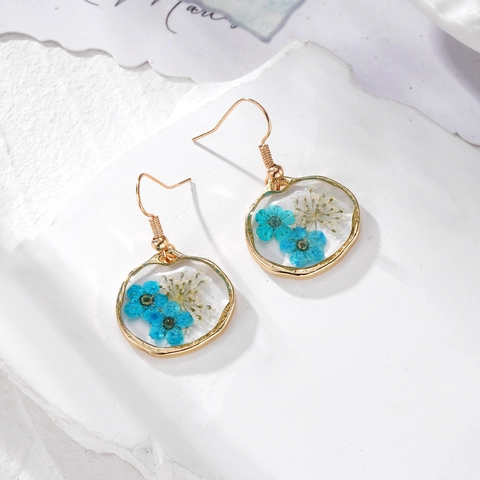 Handmade Resin Dried Flower Drop Earrings For Women Sweet Pastoral Style Alloy Geometric Floral Dangle Earrings Jewelry Gift