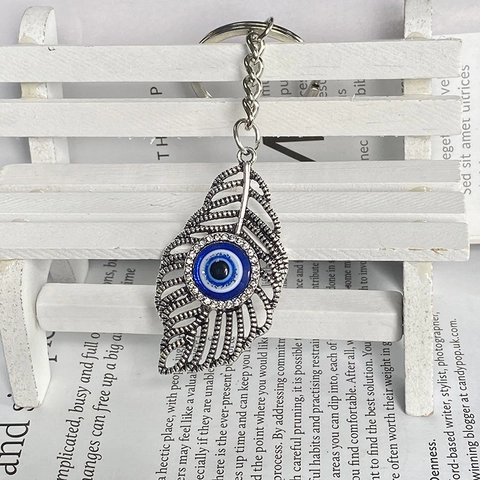 Retro Legierung Hohl Feder Böses Auge Schlüsselanhänger Für Damen Herren Blaues Auge Anhänger Strass Schlüsselring Mode Schmuck