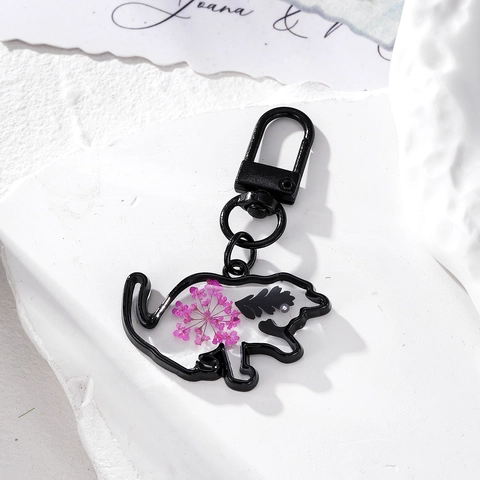 Portachiavi Gatto Luna in Resina Fatto a Mano Con Fiori Secchi Reali Telaio in Lega Nera Ciondolo Animale Creativo Gioielli da Donna