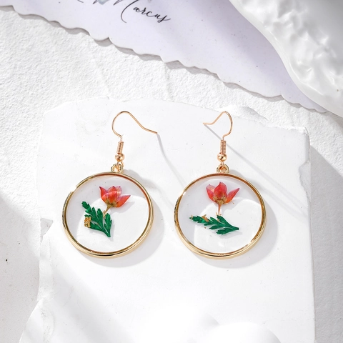 Pendientes Colgantes de Resina con Flores Secas Hechos a Mano Geométricos Redondos para Mujer Estilo Pastoral Joyería de Moda
