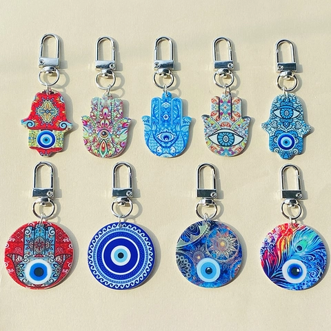Llavero de Acrílico Étnico Mano de Fátima y Ojo Turco Mandala Estampado Encanto de Bolsa Estilo Tribal Colgantes Vintage Accesorios Para Mujer