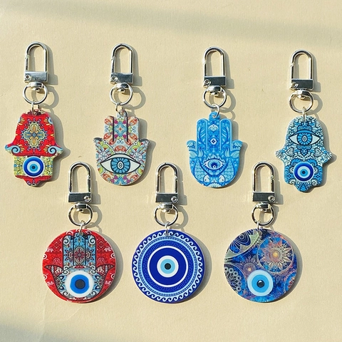 Llavero de Acrílico Étnico Mano de Fátima y Ojo Turco Mandala Estampado Encanto de Bolsa Estilo Tribal Colgantes Vintage Accesorios Para Mujer