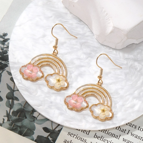 Handmade Dried Flower Resin Drop Earrings Sweet Rainbow Trojan Horse Shape Alloy Gold Plated Dangle Earrings For Women