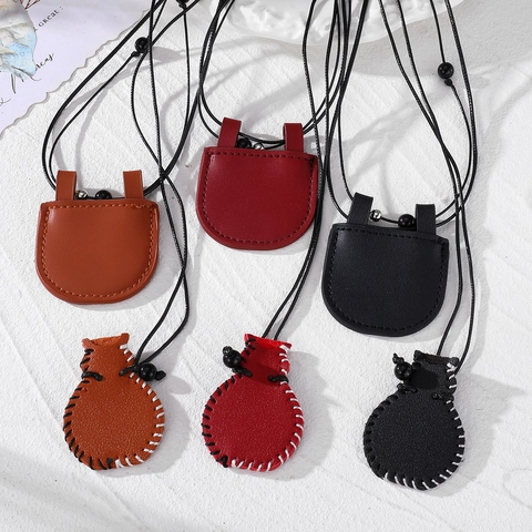 Retro PU Leather Small Bag Pendant Necklace For Women Handmade Multi-Functional Earphone Coin Storage Bag Long Rope Jewelry