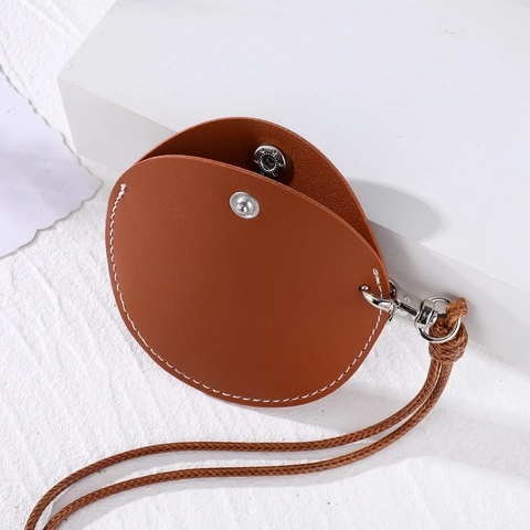 Retro Round Leather Neck Pouch Necklace Earphone Case Sunglass Clip With Contrast Stitching Travel Portable Hanging Bag