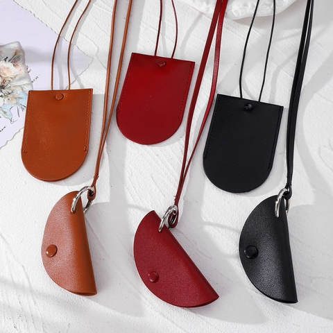 Borsa Portachiavi Semicircolare in Pelle PU Minimalista Con Cordino Lungo Custodia da Collo Con Bottone a Pressione Per Uomo Donna Viaggio