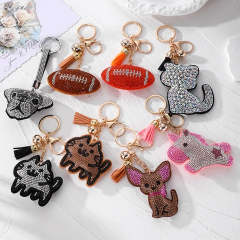 Simpatico Portachiavi in Strass con Animali dei Cartoni Animati Ciondolo per Borsa a Forma di Gatto Cane Unicorno Football con Nappa in Pelle