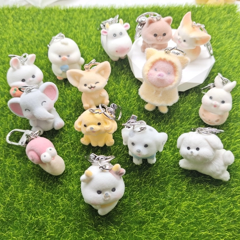 Cartoon Animal Flocking Keychain Pendant Cute Fox Dog Pig Rabbit Resin Key Ring Hanging Bag Accessory Women Jewelry Gift